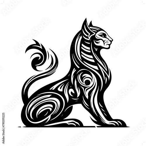 sphinx in modern tribal tattoo, abstract line art of deity, minimalist contour. Vector