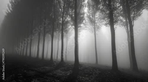 Twilight dreams: silhouettes of lost trees in the fog