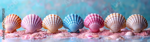 shells background,seashells on the beach, A harmonious assortment of seashells in pastel colors ranging from pink to blue on a soft-toned backdrop