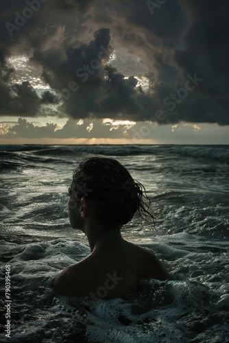 a girl, with head up, in the ocean with a dark horizon photo