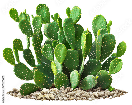 Green opuntia tropical cactus plants isolated on transparent background 
