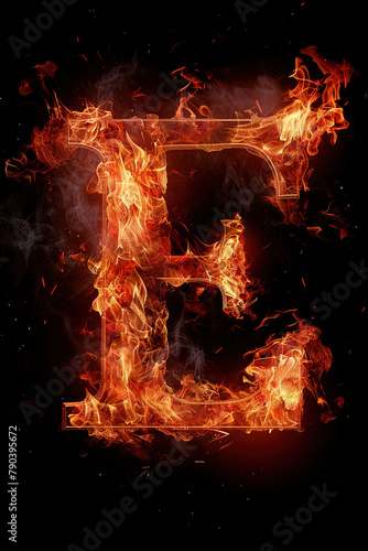 Fire font alphabet E made of burning fire letter on black background