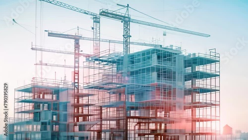 Wallpaper Mural A building encased in scaffolding undergoing renovation work, A double exposure view of future buildingsâ€™ 3D model and actual construction site Torontodigital.ca