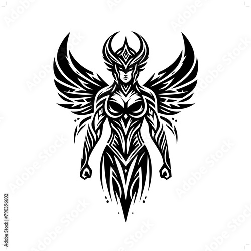 valkyre nordic deity mythology in modern tribal tattoo, abstract line art of deity, minimalist contour. Vector