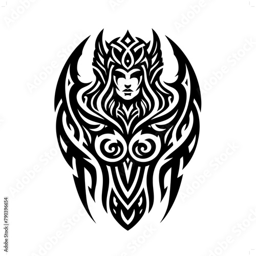 valkyre nordic deity mythology in modern tribal tattoo, abstract line art of deity, minimalist contour. Vector