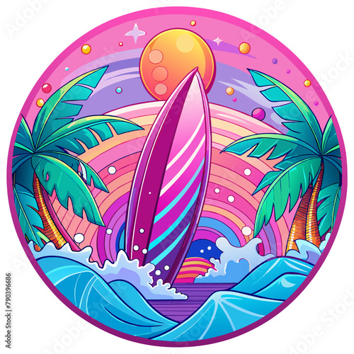 A pink surfboard dominates the center of a circular design, which is flanked by ornate waves and under a radiant sun