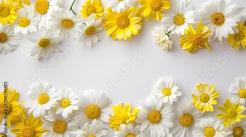 A continuous chain of yellow and white daisies arranged to form a bright and inviting floral frame. , natural light, soft shadows, with copy space, White background