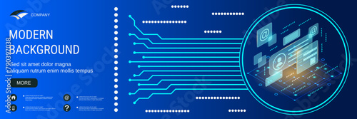 Digital technology banner vector design template. E-mail protection, account control, internet security, privacy flat 3d isometric concept