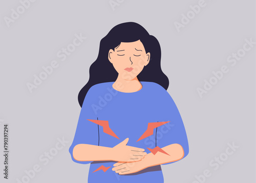 Woman Stomach Ache. Hand drawn style vector design illustrations. Diarrhea or constipation, problems with health concept