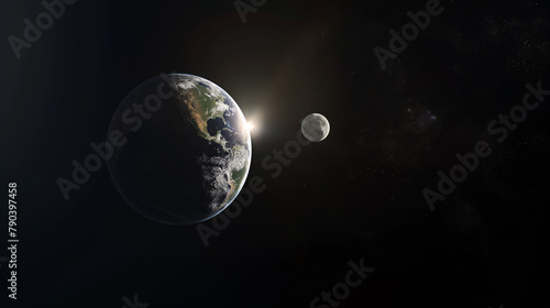 Earth and Moon from Space Showing Sun Flare - The Earth and Moon aligned in space with a captivating sun flare illuminating the scene against the starry cosmos. 