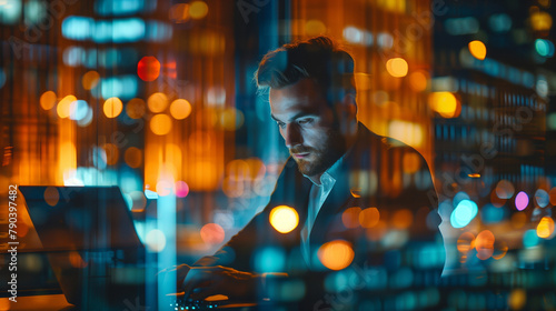 Man Concentrating on Laptop with City Lights - An engrossed man works on his laptop against a backdrop of city lights reflecting off the screen at night.