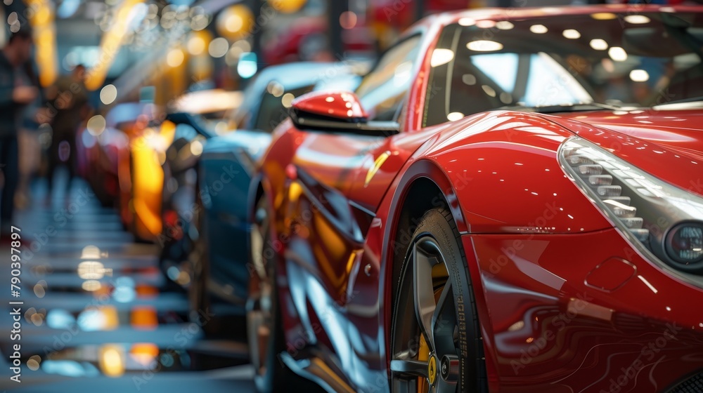 Obraz premium Close up sports cars in the showroom on bokeh background, light reflection. supercars.