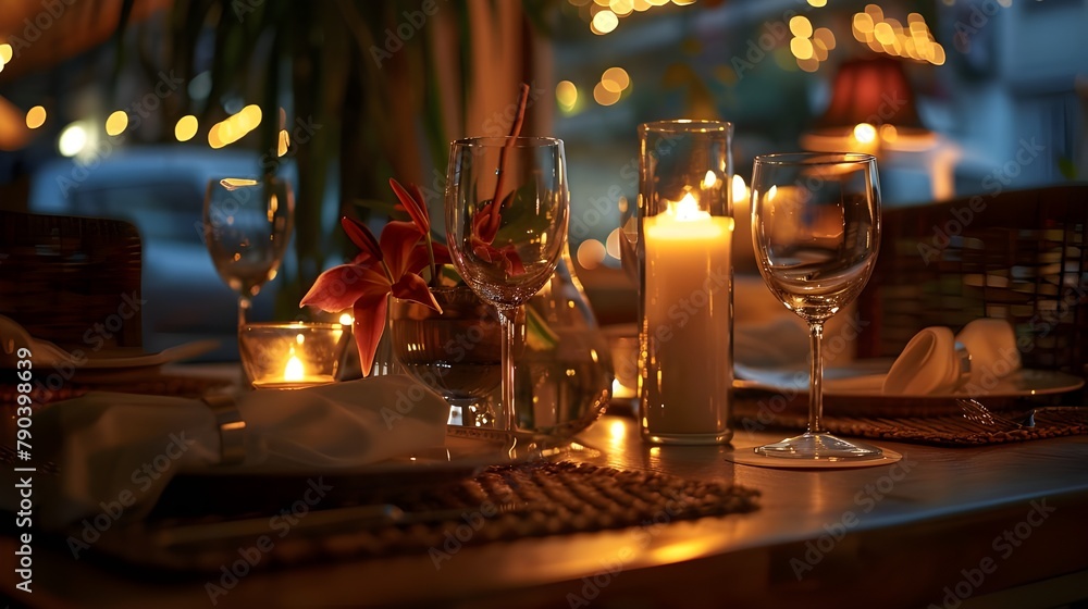 table set with elegant dinnerware and a flickering candle table set with elegant dinnerware and a flickering candle