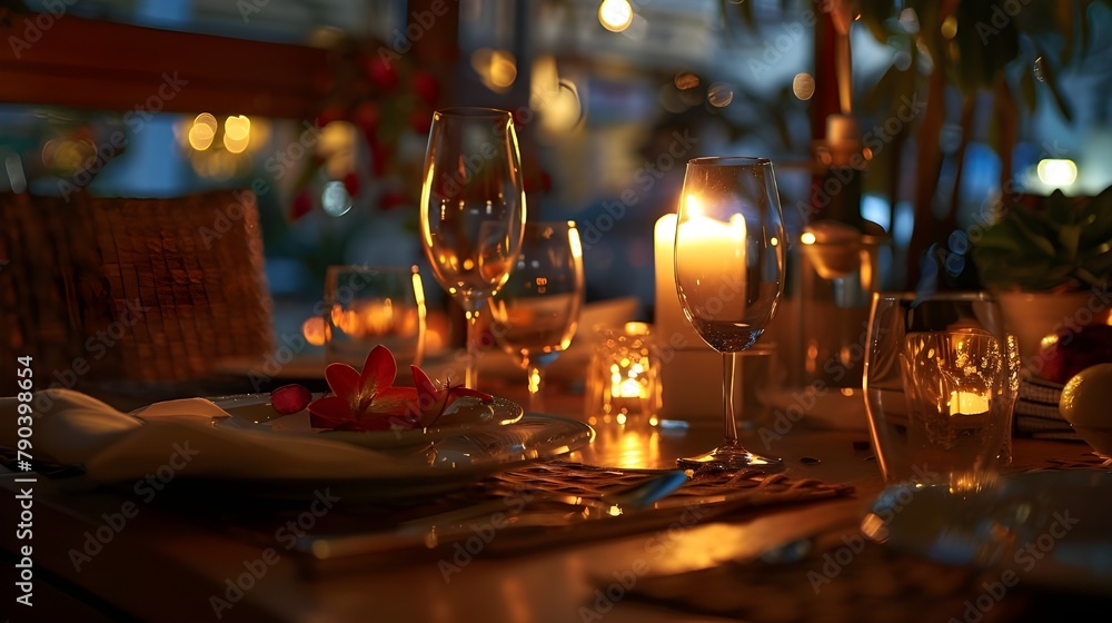 table set with elegant dinnerware and a flickering candle