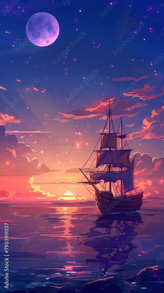 Anime-style illustration of a pirate ship on the ocean horizon at twilight
