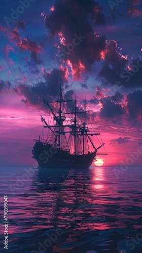 Anime-style illustration of a pirate ship on the ocean horizon at twilight