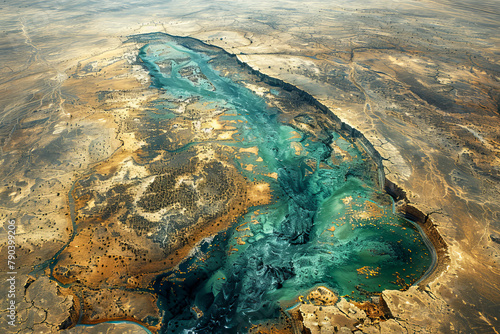 Aerial view of arid landscape: signs of drought and desertification