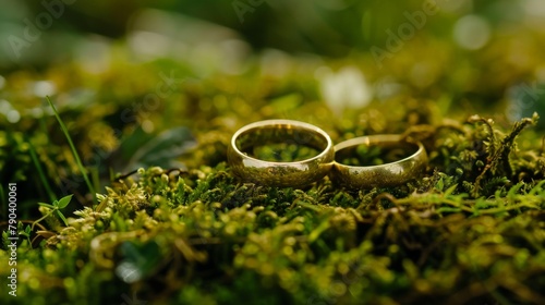 Two wedding rings on mossy ground
