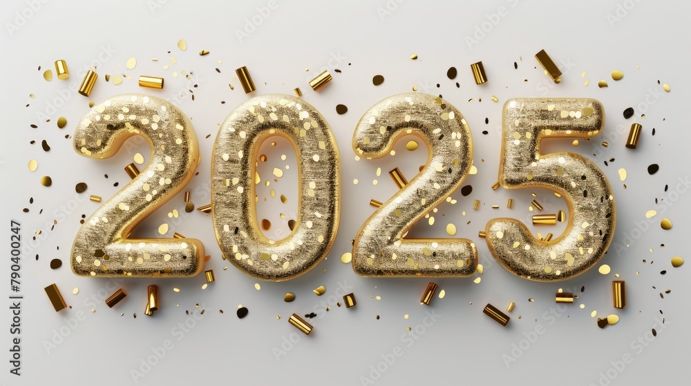 Happy New Year background with 2025 shiny golden numbers and confetti, glitter isolated on white background. Festive celebration banner Happy New Year background with 2025 shiny golden numbers and confetti, glitter isolated on white background. Festive celebration banner