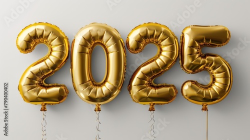 Happy New Year background with 2025 shiny golden numbers made of air balloons isolated on white background. Festive celebration banner