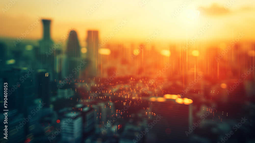 A cityscape with visible heat distortion waves, demonstrating how urban areas are affected by heatwaves. , natural light, soft shadows, with copy space, blurred background