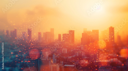A cityscape with visible heat distortion waves, demonstrating how urban areas are affected by heatwaves. , natural light, soft shadows, with copy space, blurred background