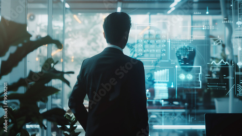 A businessman in a highly automated office environment, controlling various functions via smart technology. , natural light, soft shadows, with copy space, blurred background