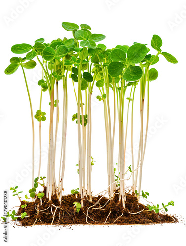 Small green plants sprout from soil in a pot and beside it, showing new life in both garden and container environments photo