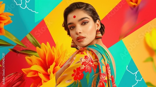 Photo collage of South Asian model in vibrant dress surrounded by flowers and lighting bolts