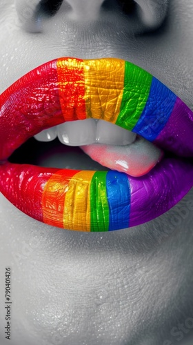 LGBTQ flag on a woman's lips. Pride month concept. Vertical image