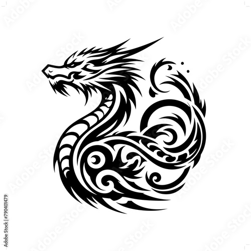 water dragon in modern tribal tattoo, abstract line art of people, minimalist contour. Vector