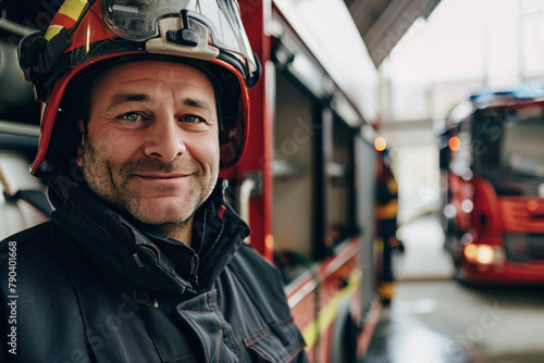 Firefighter in gear smirking by firetruck photo