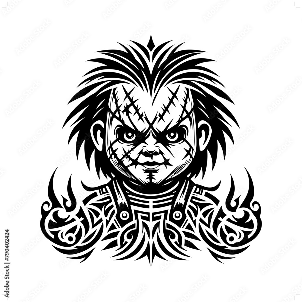 Chucky; doll in modern tribal tattoo, abstract line art of horror character, minimalist contour. Vector