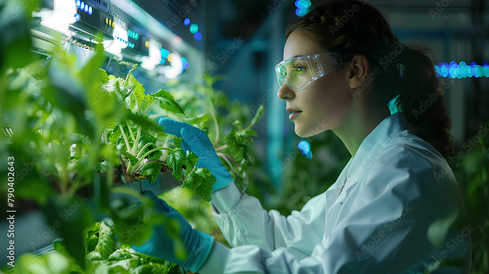 Female engineer working in the vegetable factory and digital technology concept. Industrial internet of things. IIoT. Factory automation. Smart factory