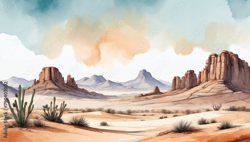 Minimalistic desert landscape drawing with watercolor brush and texture.