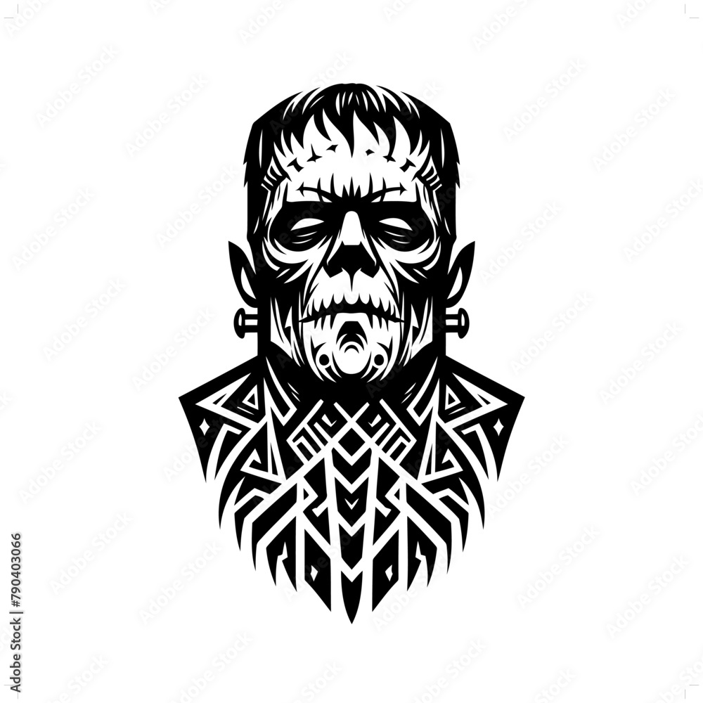 frankenstein in modern tribal tattoo, abstract line art of horror character, minimalist contour. Vector