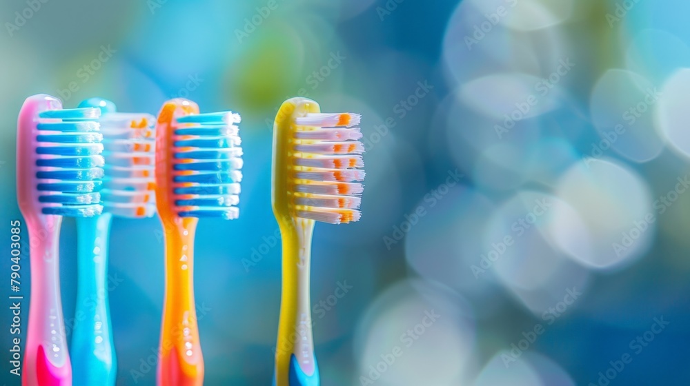 Three toothbrushes in a straight line - obrazy, fototapety, plakaty 