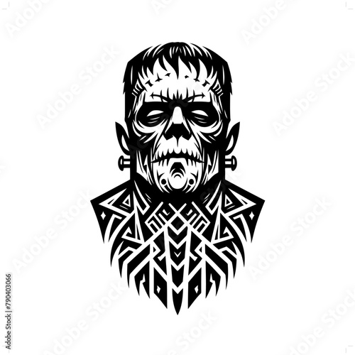 frankenstein in modern tribal tattoo, abstract line art of horror character, minimalist contour. Vector