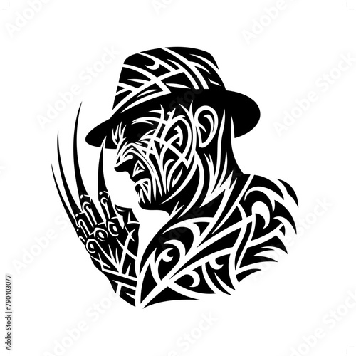 Freddy Krueger in modern tribal tattoo, abstract line art of horror character, minimalist contour. Vector photo