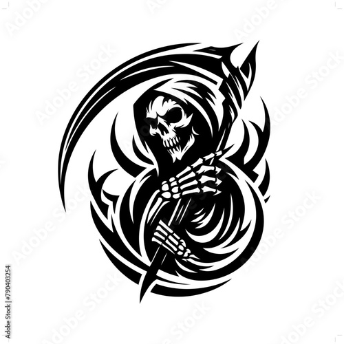 grim reaper in modern tribal tattoo, abstract line art of horror character, minimalist contour. Vector
