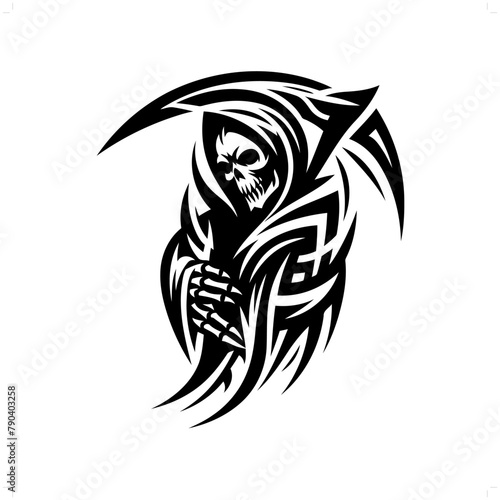 grim reaper in modern tribal tattoo, abstract line art of horror character, minimalist contour. Vector