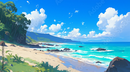 tropical paradise island, anime illustration of a sandy bach, tropical paradise, sun, vacation