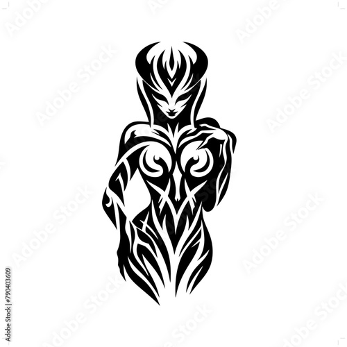 sucubus in modern tribal tattoo, abstract line art of horror character, minimalist contour. Vector