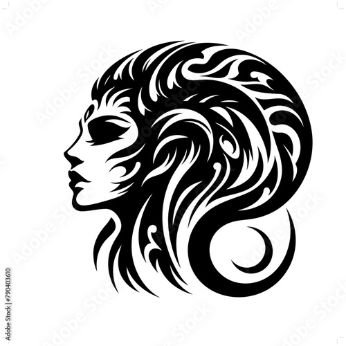 sucubus in modern tribal tattoo, abstract line art of horror character, minimalist contour. Vector