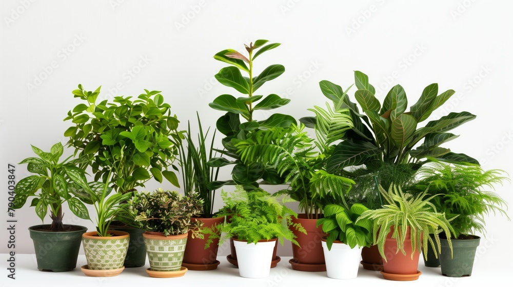 Fototapeta premium Collection of Beautiful Indoor Plants in Various Pots on a White Background