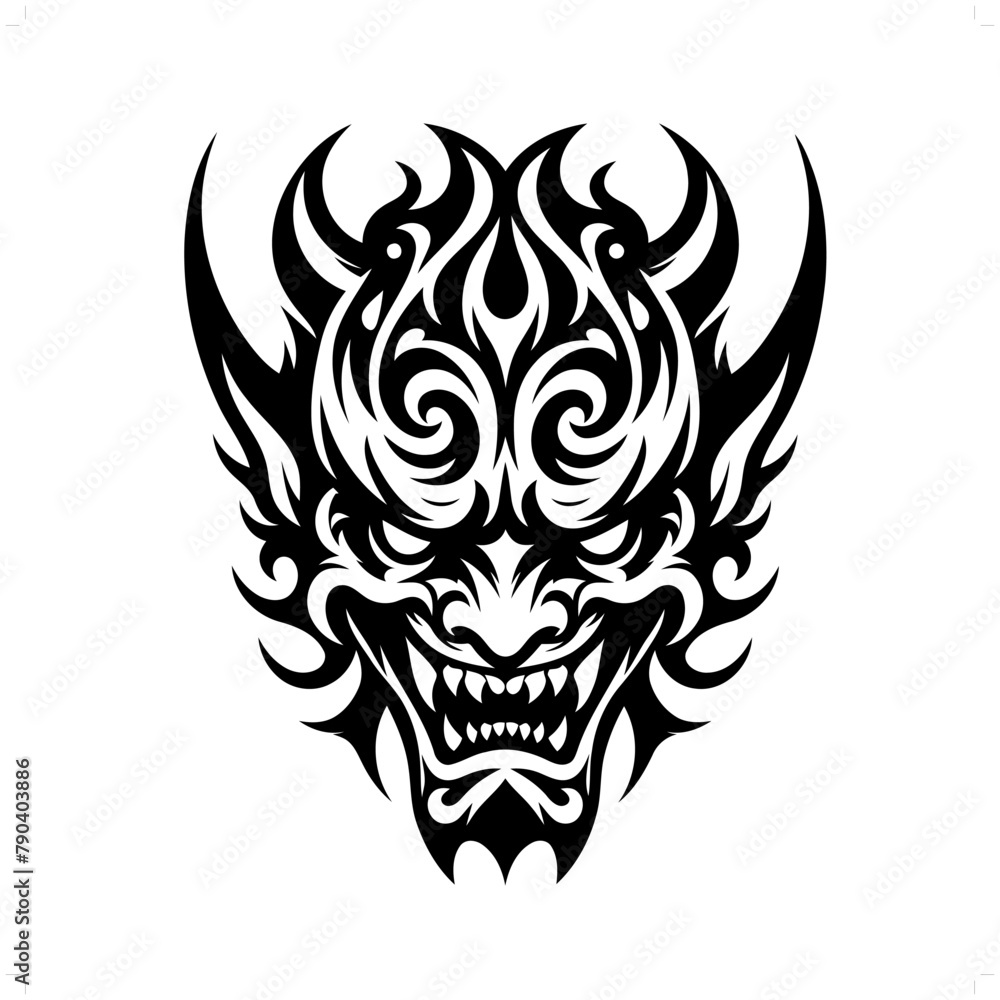 oni in modern tribal tattoo, abstract line art of horror character, minimalist contour. Vector