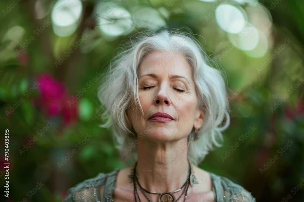 Serene Middle-Aged Woman with Silver Hair Meditating in a Lush Garden Serene Middle-Aged Woman with Silver Hair Meditating in a Lush Garden