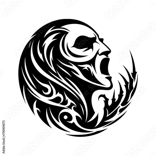mask opera in modern tribal tattoo, abstract line art of horror character, minimalist contour. Vector