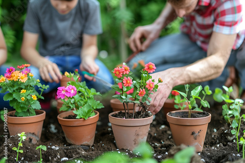 photo of family potting flowers together in the garden, against a minimalistic background of soft earth tones, emphasizing the bond and shared joy of gardening.