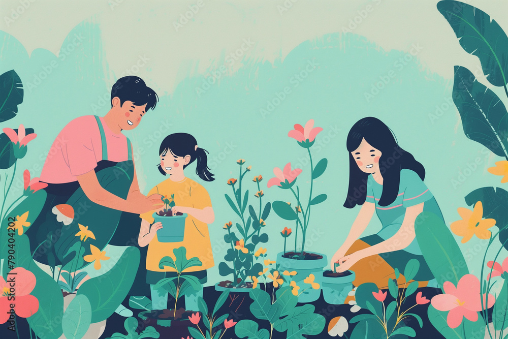 laughter and camaraderie of a family potting flowers in the garden, against a minimalistic backdrop, illustrating the happiness and fulfillment found in shared outdoor activities. laughter and camaraderie of a family potting flowers in the garden, against a minimalistic backdrop, illustrating the happiness and fulfillment found in shared outdoor activities.